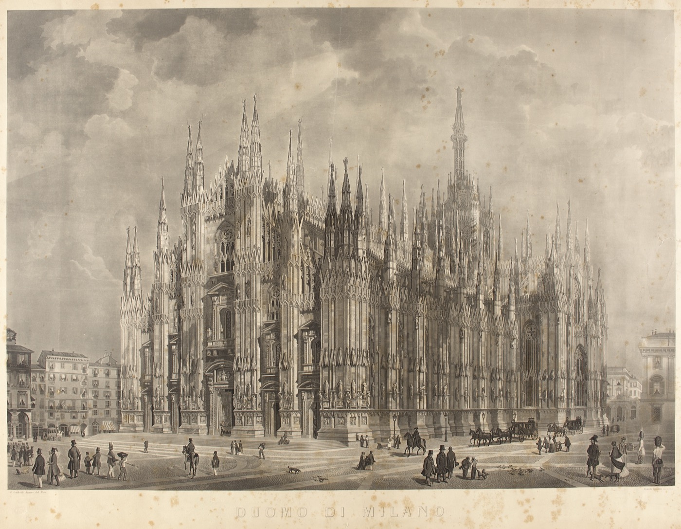 A vintage engraving of Milan's Duomo cathedral.