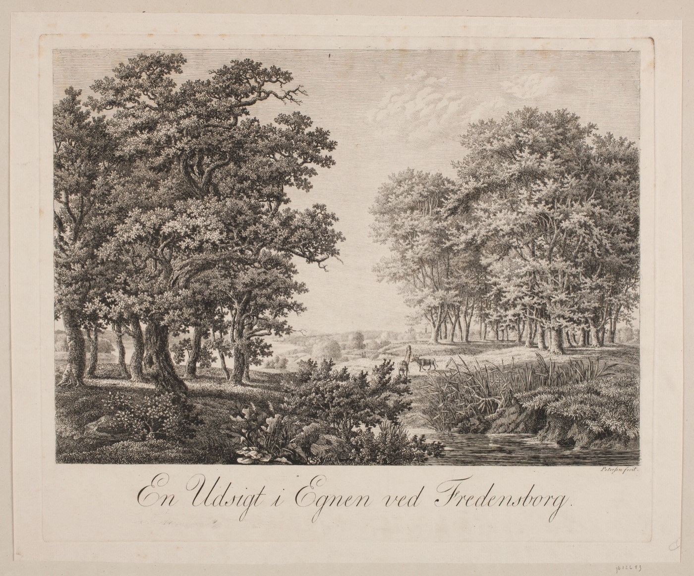 A vintage landscape engraving titled "En Udsigt i Egnen ved Fredensborg" — a Danish wooded vista.