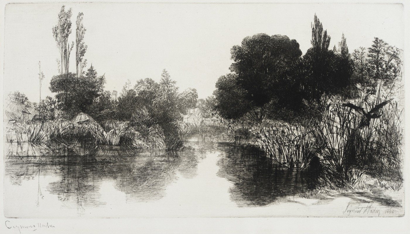 A vintage engraving of a still river with reeds and trees at the bank.