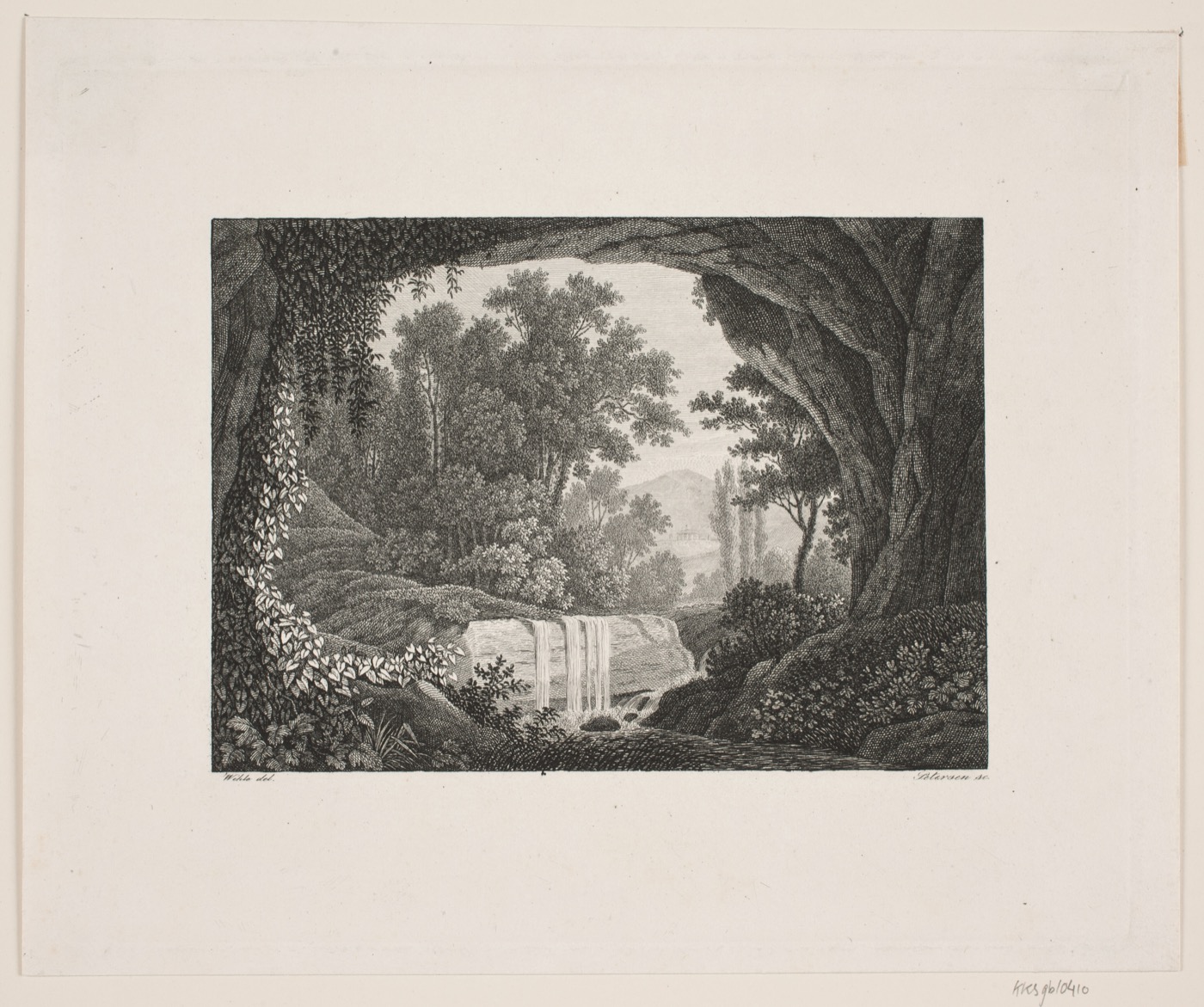 A vintage engraving of a river landscape.